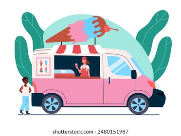 Ice cream van concept. Boy buy frozen dessert and delicacy in summer season. Cold product for hot weather. Retail place with gelato. Cartoon flat vector illustration isolated on white background