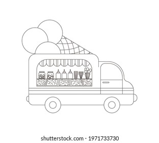 Ice cream van. Contour image on a white background. Element for design. There is room for text. Vector illustration.