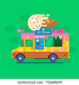 Ice cream van delivery.Street food truck vector illustration.Flat style vector illustration.