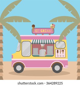 Ice cream van. Flat design vector illustration. Street Ice cream.