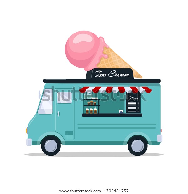 Ice cream van. Food truck isolated on white\
background. Vector\
illustration