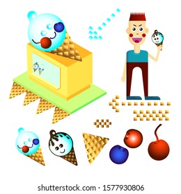 Ice cream van and his various symbols. Delicious summer treats for everyone. Boy with the ice cream cone. Vector  illustration.