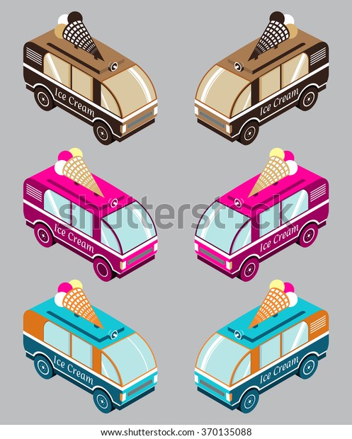 Ice cream van isometric.Vector illustration.Frozen\
delicacy, sweet children. Summer food.Delivery and sale in the\
vehicle.Isolated on grey background. Street food. Waffle cone\
chocolate ice cream ball