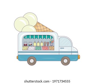 Ice cream van. Multi-colored image in sketch style on a white background. Element for design. There is room for text. Vector illustration.
