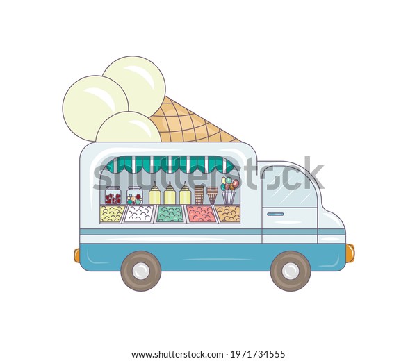 Ice cream van. Multi-colored image in\
sketch style on a white background. Element for design. There is\
room for text. Vector\
illustration.