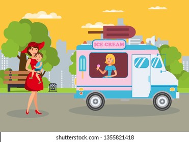 Ice Cream Van in Park Flat Vector Illustration. Mother with Child, Ice-cream Seller Cartoon Characters. Lady in Hat with Baby. Young Woman Selling Sundaes in Food Truck. Street Treat, Dessert