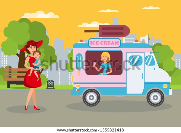 Ice Cream Van in Park Flat Vector Illustration.\
Mother with Child, Ice-cream Seller Cartoon Characters. Lady in Hat\
with Baby. Young Woman Selling Sundaes in Food Truck. Street Treat,\
Dessert