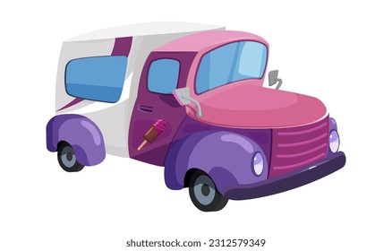 Ice cream van, pink car isolated on white background. City delicious food. Truck with eskimo in cartoon flat style. Urban transport with sweet and tasty dessert. Vector illustration