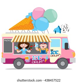 Ice cream van. Professions color illustration. Cartoon character.