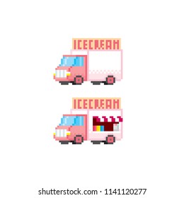 The ice cream van. Street food. Pixel art. Old school computer graphic. 8 bit video game. Game assets 8-bit sprite.