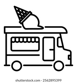 An ice cream van, symbolizing mobile food service, treats on-the-go, and summer refreshment round line vector icon with editable stroke