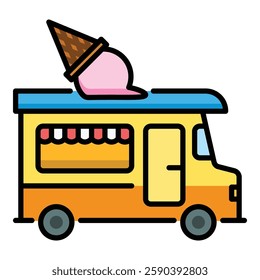 An ice cream van, symbolizing mobile food service, treats on-the-go, and summer refreshment round line vector icon with editable stroke