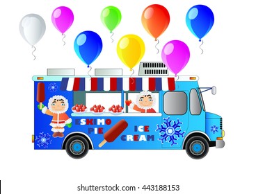 Ice cream van. Vector illustration, isolated on white background. Icon. Flat style. Balloons