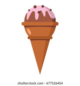 Ice cream of vanilla chocolate ingredients in wafer cone on white background cartoon flat vector illustration