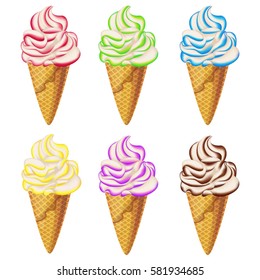 ice cream vanilla, chocolate, strawberries, banana, blueberries, kiwi set  isolated on white background