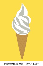 Ice cream vanilla in a cone on yellow background