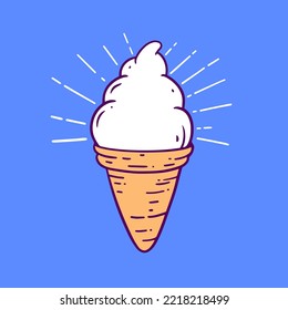 Ice Cream Vanilla Gelato In Waffle Corn. Hand Drawn Colored Vector Illustration Isolated On Blue Background.