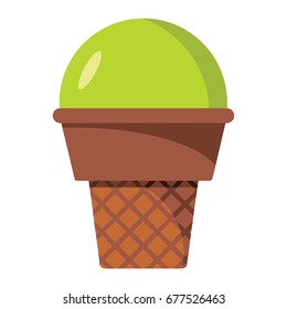 Ice cream of vanilla pistachio ingredients in wafer cone on white background cartoon flat vector illustration