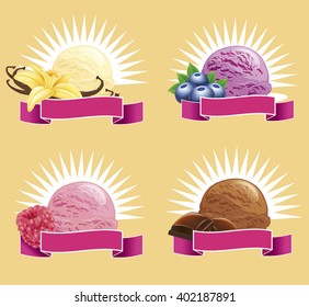 ice cream vanilla, raspberry, blueberry, chocolate