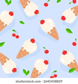 Ice cream vanilla seamless pattern with cherry and leaves decoration. Sweet illustration. Can be used for wallpaper, paper wrapping, print and fashion fabric
