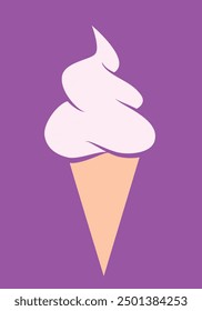 ice cream - vanilla soft serve ice cream in a cone, color vector illustration isolated on purple background