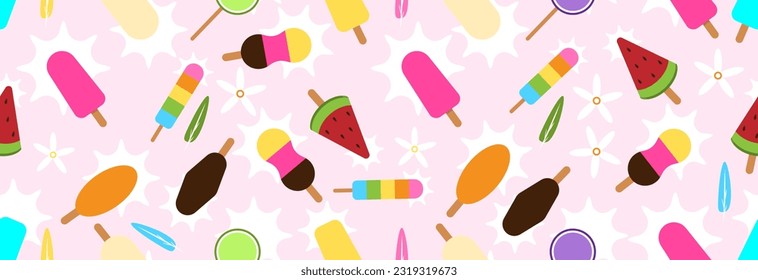 Ice cream of variable shape and different flavors. Seamless summer pattern.