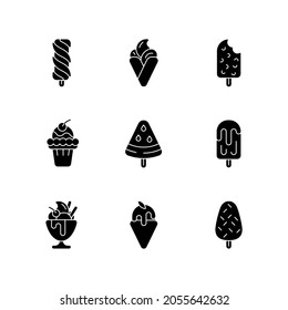 Ice cream variations black glyph icons set on white space. Swirled treat on stick. Hong kong waffles. Chocolate-covered dessert. Soft serve. Silhouette symbols. Vector isolated illustration