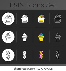 Ice cream variations dark theme icons set. Serving frozen treat. Soft serve. Swirled ice cream. Single-sized portion. Linear white, solid glyph and RGB color styles. Isolated vector illustrations