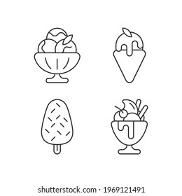 Ice cream varieties linear icons set. Sorbet, sherbet. Gelato. Vanilla ice cream with sprinkles. Parfait. Customizable thin line contour symbols. Isolated vector outline illustrations. Editable stroke