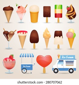 Ice cream various kinds chocolate caramel and fruit cartoon icons set shadow isolated vector illustration 