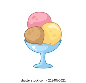 Ice cream in a vase, chocolate, strawberry and vanilla. Vector illustration of children's dessert in cartoon childish style. Isolated funny clipart on white background. cute print