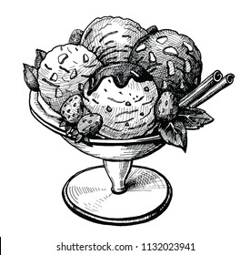 Ice cream in the vase hand drawn vector illustration. Vintage Ice cream sketch with strawberries chocolate and cinnamon sticks. Food ink drawing for cafe or restaurant menu. Graphic image isolated o