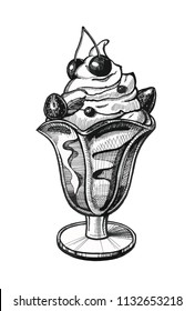 Ice cream in the vase hand drawn vector illustration. Vintage Ice cream sketch with strawberries and cherries. Dessert food ink drawing for cafe or restaurant menu. Graphic image