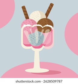 ice cream in a vase for posters, postcards, menu banners on blue background