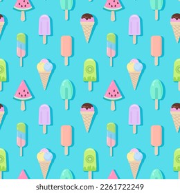 Ice cream, vector cartoon seamless pattern in gentle pastel colors