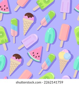 Ice cream, vector cartoon seamless pattern in gentle pastel colors