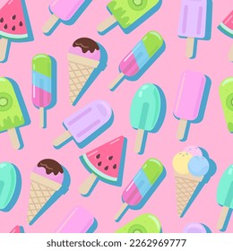 Ice cream, vector cartoon seamless pattern in gentle pastel colors