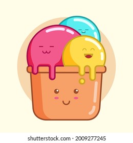 ice cream vector character on bucket with cute face expression