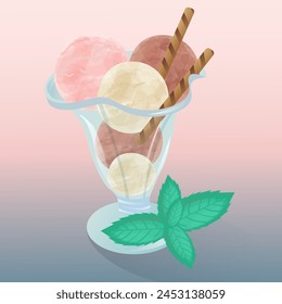 Vector de helado. Chocolate, vainilla, helado de fruta en un tazón, taza de helado de vidrio. Con hojas de menta y rollos de galletas. Círculos de helado de diferentes colores.