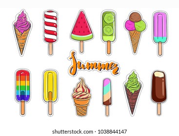 Ice Cream Vector Collection. Colorful Isolated Stickers. Summer Hand Drawn Lettering.