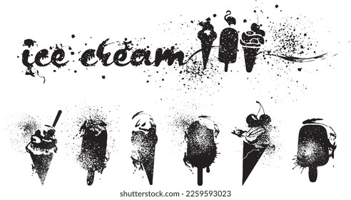 Ice Cream Vector Collection. Design set of isolated ice cream sketches with effect splashes and hatching. With many details.