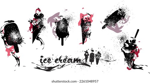 Ice Cream Vector Collection. Design set of isolated ice cream sketches with effect splashes and hatching. With many details.