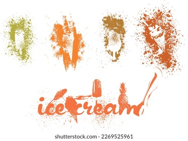 Ice Cream Vector Collection. Design set of isolated ice cream sketches with effect splashes and hatching. With many details.