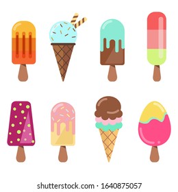 Ice Cream Vector Collection. Set of 8 different cones and popsicles with waffles and sprinkles. Ice cream icons. Menu concept. Cute flat illustrations.