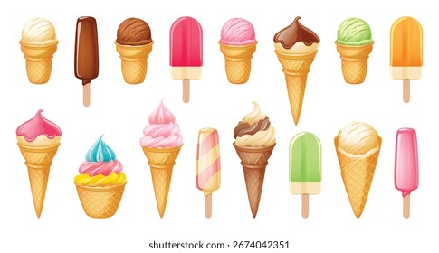 Conjunto colorido de Vector helado. Paletas de helado y conos de waffle con helado suave. Dulce postre.