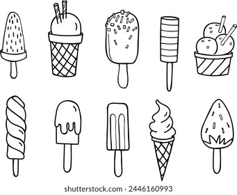 ice, cream, vector, cone, flat, lolly, cartoon, icon, doodle, summer, hand, chocolate, drawn, cake, pop, art, food, popsicle, party, isolated, yogurt, freeze, flavour, design, set, strawberry, sweet, 