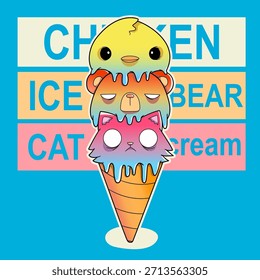 ice cream vector cute chicken bear cat head as delicious cone 