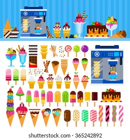 Ice cream vector flat illustrations. Ice cream, cakes on the table. Sweet life concept. Different ice cream and machine for ice cream isolated on white background