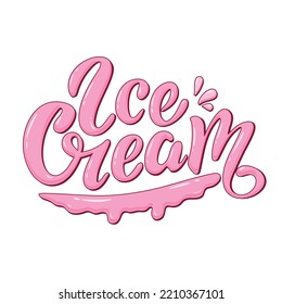 Ice Cream. Vector hand lettering. Volume glossy pink letters with melted elements. Delicious dessert. Creamy texture. Illustration for ice cream shop packaging banner poster flyer. Sweets. 