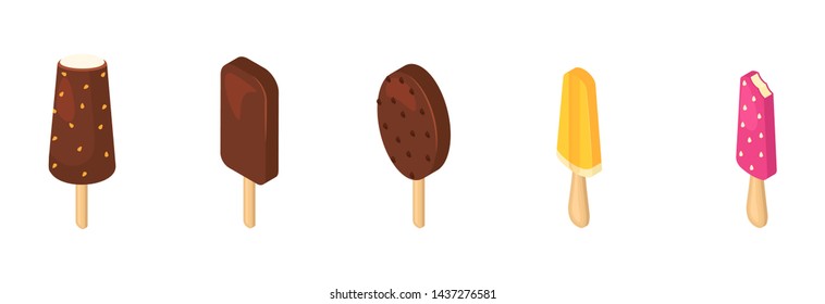 Ice cream vector icecream in cone with chocolate vanilla and iced creamer dessert on scoop illustration icing candy icy cream isometric set isolated on white background